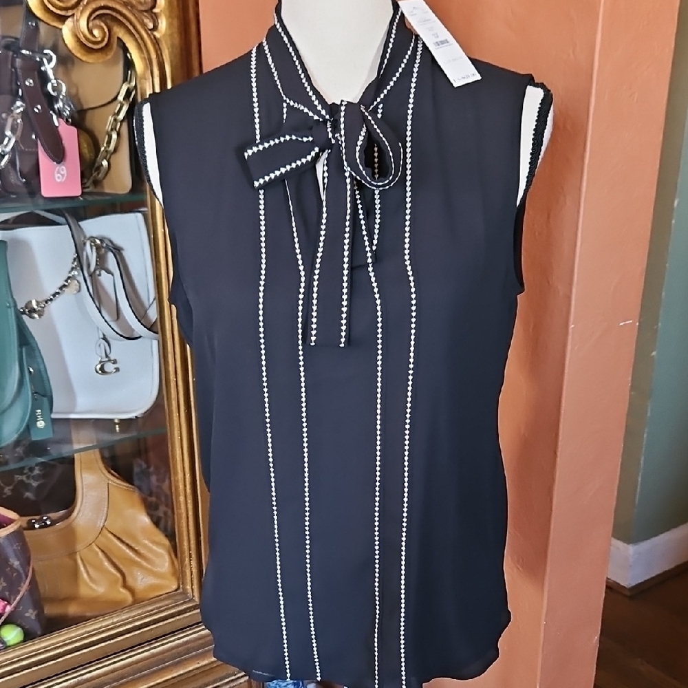 White House Black Market Black Sleeveless Blouse with Bow